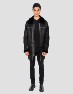 Manteau long noir, mouton double face - NOIR