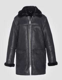 Manteau long noir, mouton double face - NOIR