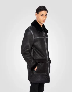 Manteau long noir, mouton double face - NOIR