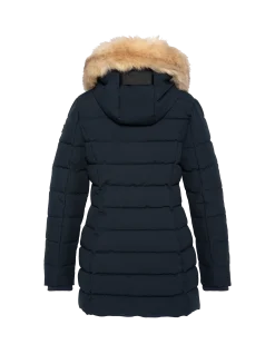 Parka bleu marine mi-longue à capuche avec fausse fourrure amovible - MARINE