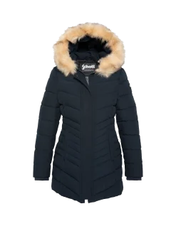 Parka bleu marine mi-longue à capuche avec fausse fourrure amovible - MARINE