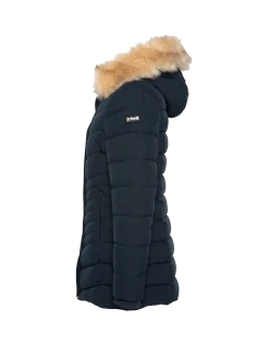 Parka bleu marine mi-longue à capuche avec fausse fourrure amovible - MARINE