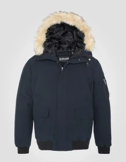 Parka courte bleu marine à capuche avec fausse fourrure - MARINE