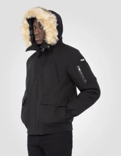 Parka courte noire à capuche avec fausse fourrure - NOIR