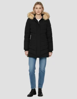 Parka noire mi-longue à capuche avec fausse fourrure amovible - NOIR