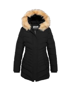 Parka noire mi-longue à capuche avec fausse fourrure amovible - NOIR