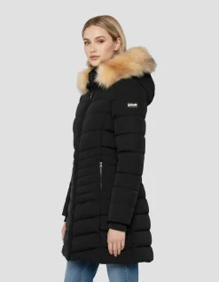 Parka noire mi-longue à capuche avec fausse fourrure amovible - NOIR