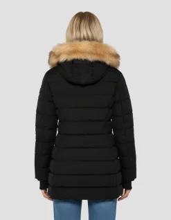 Parka noire mi-longue à capuche avec fausse fourrure amovible - NOIR