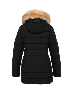 Parka noire mi-longue à capuche avec fausse fourrure amovible - NOIR