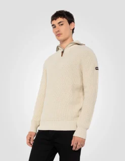 Pull camionneur blanc en maille côtelée - BLANC CASSÉ