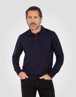 Pull col polo bleu marine en maille fine - MARINE