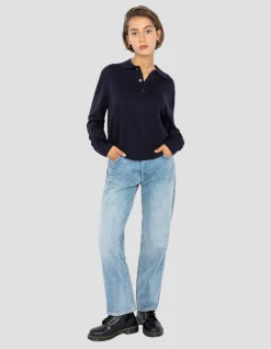 Pull col polo bleu marine en maille fine - MARINE