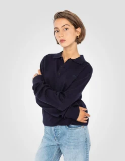 Pull col polo bleu marine en maille fine - MARINE
