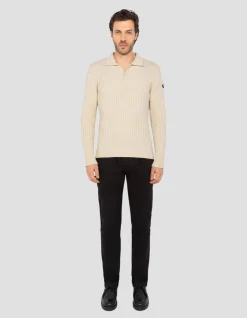 Pull col polo écru côtelé - ÉCRU