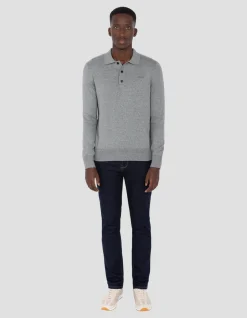 Pull col polo gris chiné en maille fine - GRIS CHINÉ