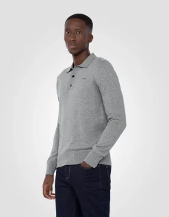 Pull col polo gris chiné en maille fine - GRIS CHINÉ