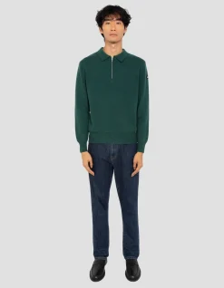 Pull col polo vert forêt, maille milano - VERT FORÊT