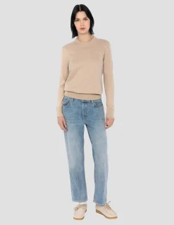 Pull col rond beige clair en maille fine - BEIGE CLAIR