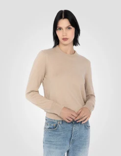 Pull col rond beige clair en maille fine - BEIGE CLAIR