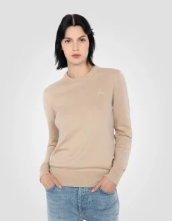Pull col rond beige clair en maille fine - BEIGE CLAIR