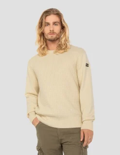 Pull col rond blanc cassé, maille fantaisie - BLANC CASSÉ