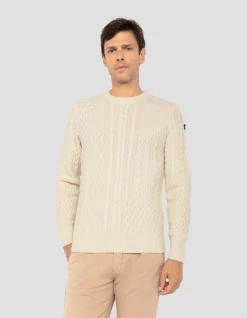 Pull col rond blanc cassé, maille torsadée - BLANC CASSÉ