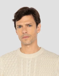 Pull col rond blanc cassé, maille torsadée - BLANC CASSÉ