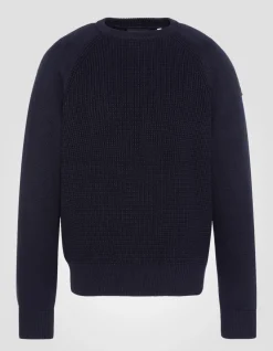 Pull col rond bleu marine maille nid d'abeille - MARINE