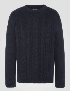 Pull col rond bleu marine à torsades islandaises en fil recyclé - MARINE