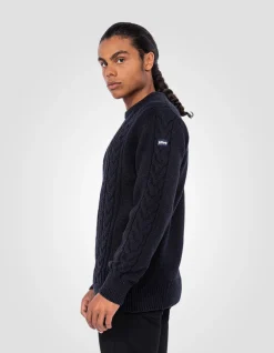 Pull col rond bleu marine à torsades islandaises en fil recyclé - MARINE