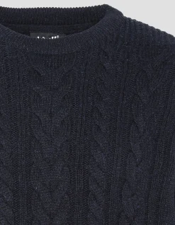 Pull col rond bleu marine à torsades islandaises en fil recyclé - MARINE