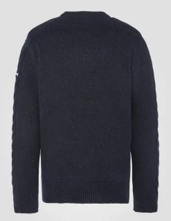 Pull col rond bleu marine à torsades islandaises en fil recyclé - MARINE