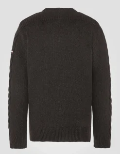 Pull col rond marron foncé à torsades islandaises en fil recyclé - MARRON FONCÉ
