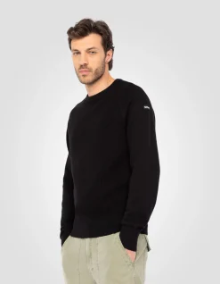 Pull col rond noir maille nid d'abeille - NOIR