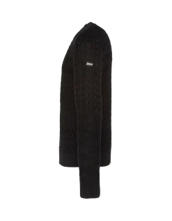 Pull col rond noir, maille torsadée - NOIR