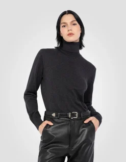 Pull col roulé anthracite chiné en maille fine - ANTHRACITE CHINÉ