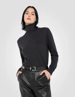 Pull col roulé anthracite chiné en maille fine - ANTHRACITE CHINÉ