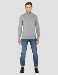 Pull col roulé gris chiné en maille fine - GRIS CHINÉ
