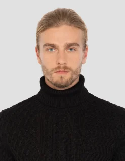 Pull col roulé noir, maille torsadée - NOIR
