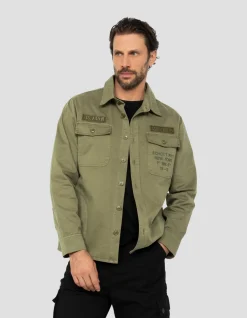 Surchemise army brodée et imprimée kaki en coton lavé - KAKI