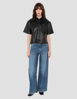 Surchemise noire manches courtes, cuir d'agneau - NOIR