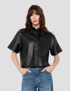 Surchemise noire manches courtes, cuir d'agneau - NOIR
