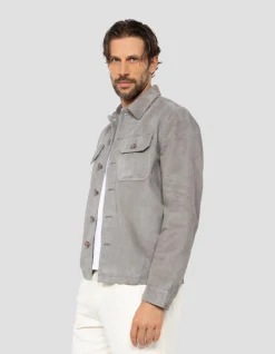 Surchemise worker gris clair, cuir de chèvre - GRIS CLAIR