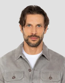 Surchemise worker gris clair, cuir de chèvre - GRIS CLAIR