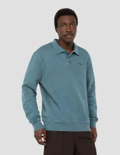 Sweatshirt col polo bleu, effet délavé - BLEU MINÉRAL