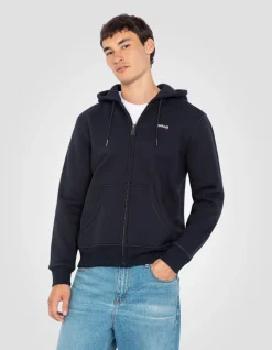 Sweatshirt zippé bleu marine à capuche en molleton épais - MARINE
