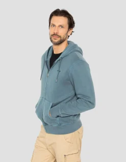 Sweatshirt zippé à capuche bleu minéral, effet délavé - BLEU MINÉRAL