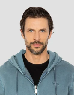 Sweatshirt zippé à capuche bleu minéral, effet délavé - BLEU MINÉRAL