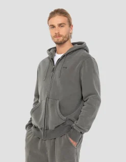 Sweatshirt zippé à capuche charbon, effet délavé - CHARBON