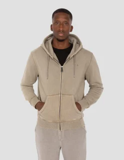Sweatshirt zippé à capuche taupe, effet délavé - TAUPE